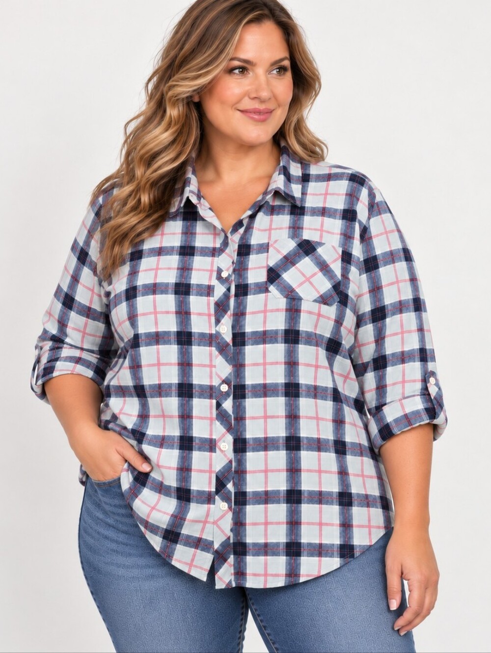 Doublju Plaid Button Down Shirt 3XL Blue Navy Pink Roll Tab Sleeve Flannel Blous